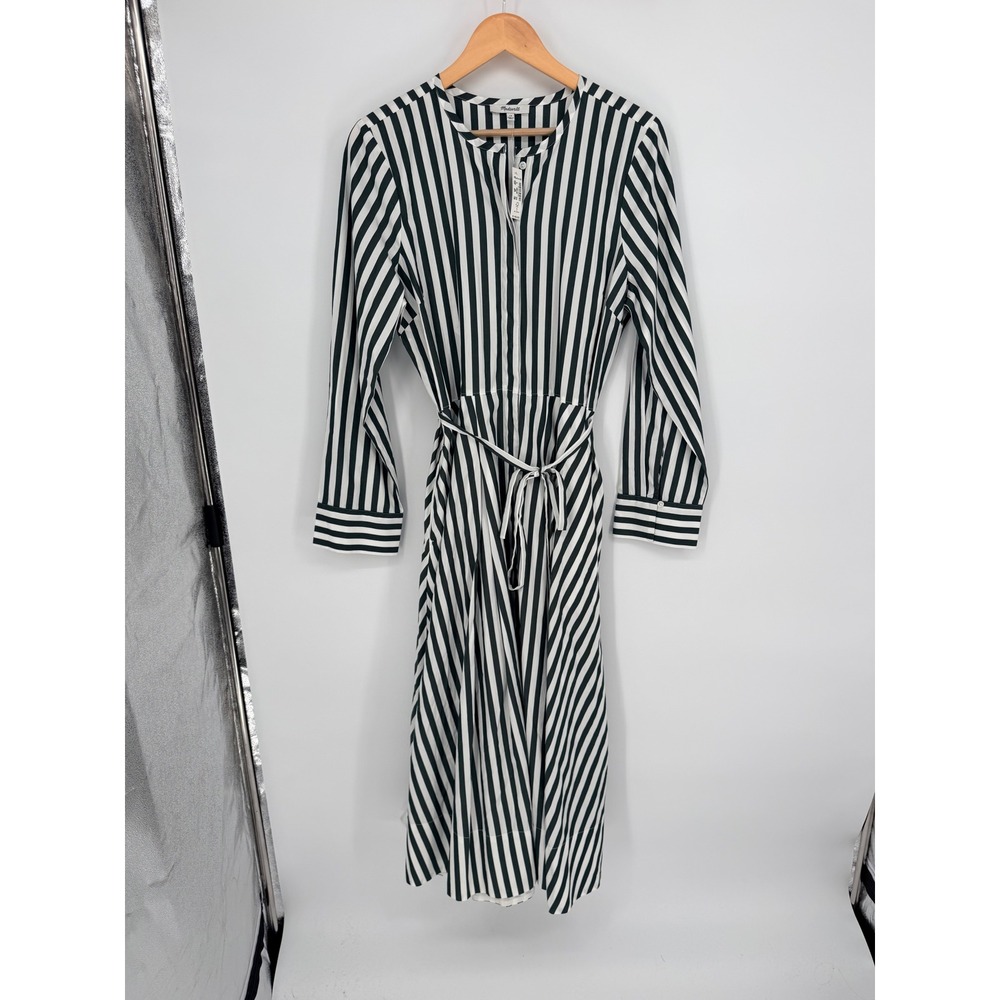 Madewell Striped Midi Dress 10 Green White Cotton Tie Waist Coastal Preppy
